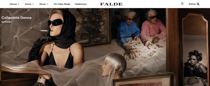 La parte alta della pagina iniziale di faldeatelier.com: il menu, il marchio FALDE e la fotografia della collezione donna