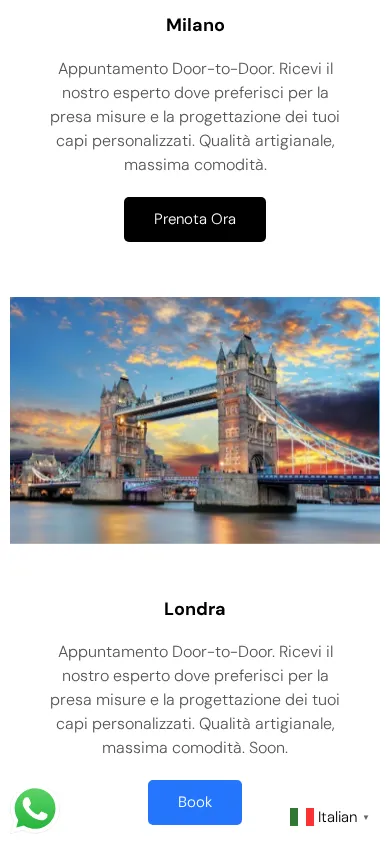 La pagina On Tailor Made sul telefono: l'appuntamento a Milano con il pulsante per prenotare e, sotto, Londra
