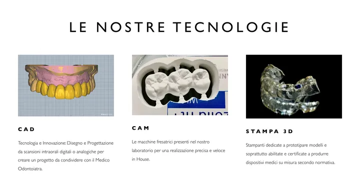 La sezione «Le nostre tecnologie» del sito del laboratorio: un'arcata progettata al computer, un ponte fresato nel suo disco e un dispositivo trasparente stampato